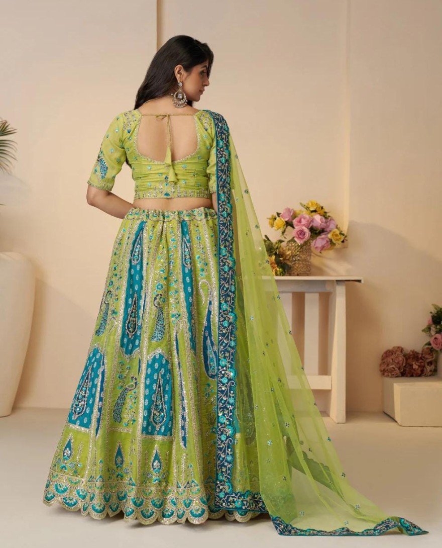 484yellow - Alluring Golden Sangeet Lehenga Choli with Bel Butti Pattern